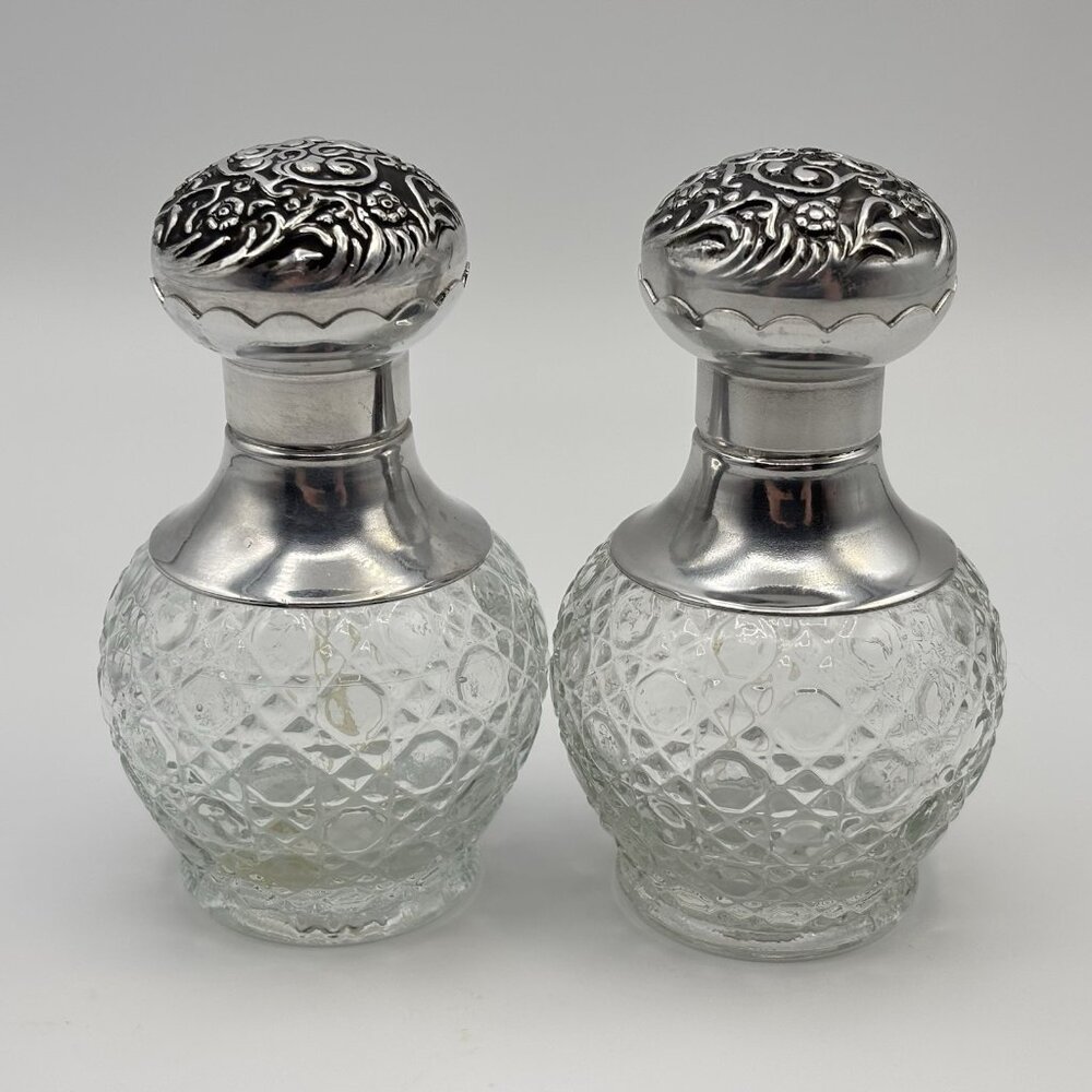 Vintage AVON Pressed Cut Glass Perfume Bottle Set Ornate Metal Cap EMPTY